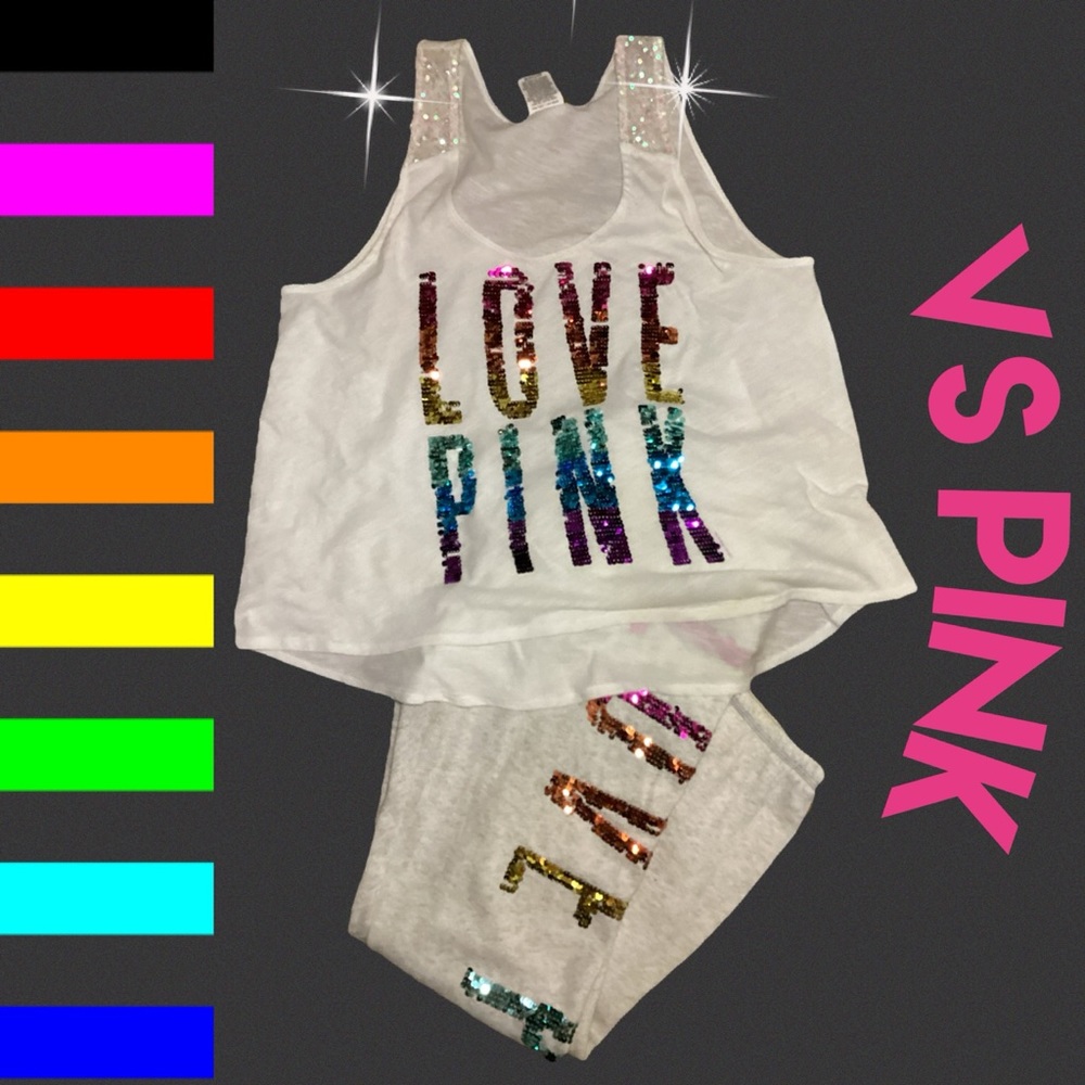 PINK Victoria's Secret Sequin White Grey Top Pant Bling S